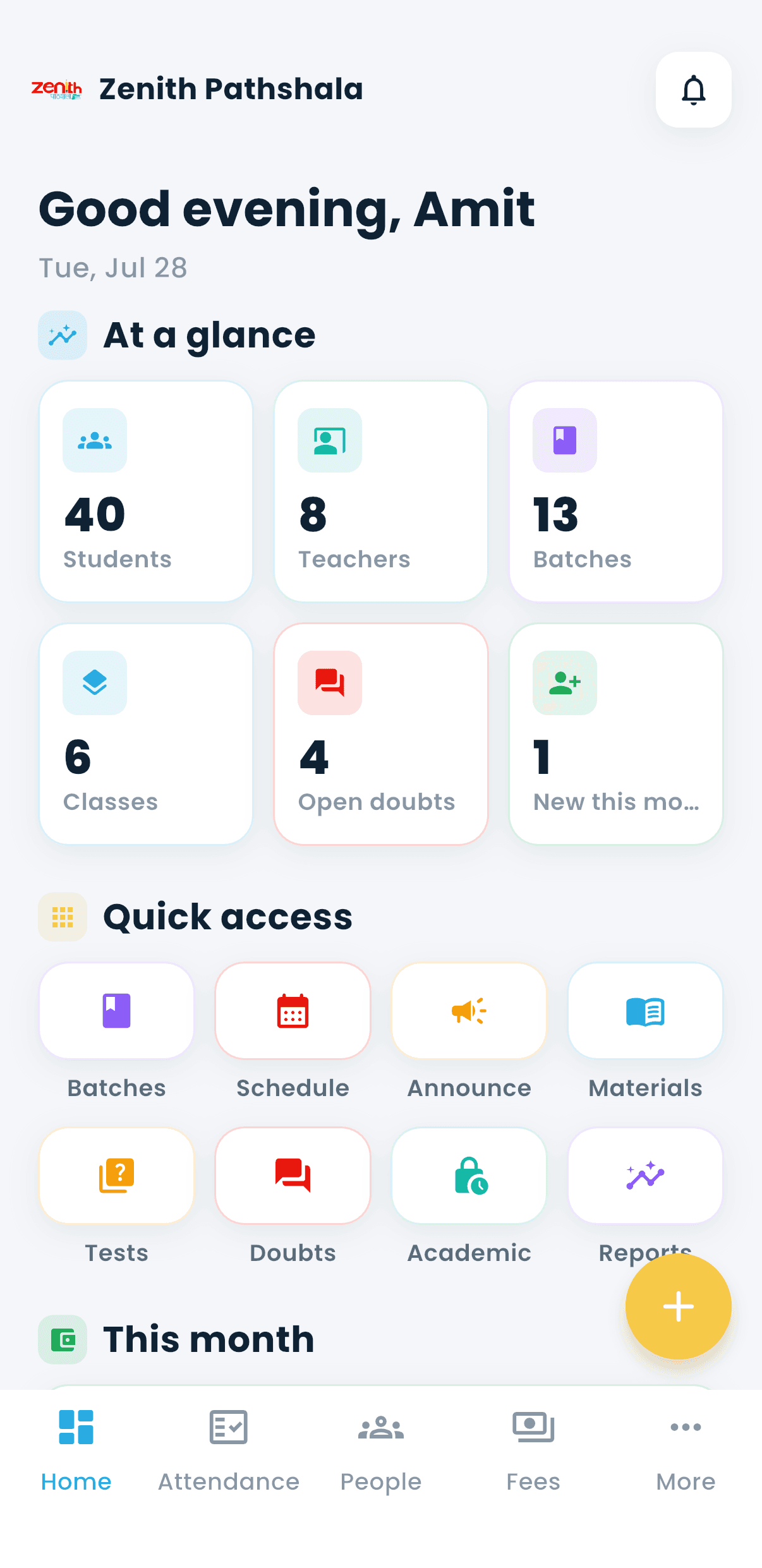 The owner's home screen in Zenith Pathshala's app: students, teachers and batches at a glance, with batches, schedule, announcements, materials, tests, doubts and reports below.